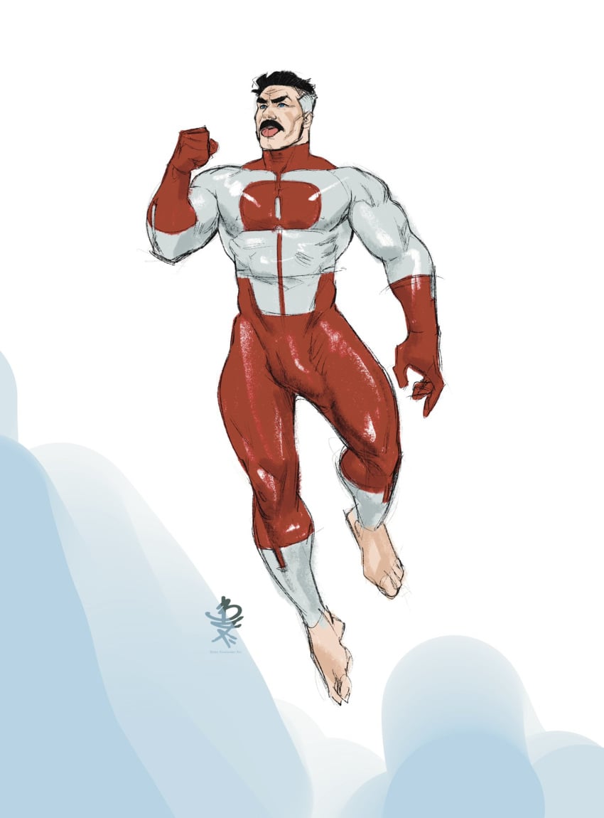 1boy 2024 bara barazoku big_bulge blake_alexander_art blalexander bulge clothing daddy dilf facial_hair flying hi_res highres invincible invincible_(comics) invincible_(tv_series) male male_only manly mature_male moustache muscular_male nolan_grayson omni-man penis_outline tight_clothing