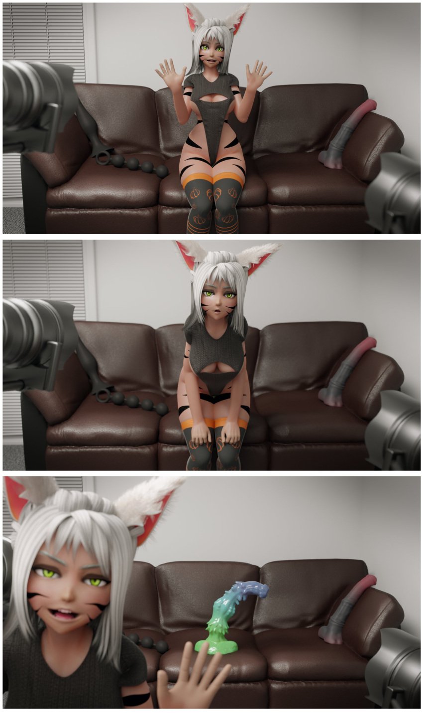 1furry 1girls 3d anal_beads animal_genitalia barbed_penis biggreen dildo dildo_reveal dildo_sitting furry furry_hybrid furry_only horsecock_dildo long_hair looking_at_viewer original original_artwork original_character sitting_on_dildo sitting_on_penis thighhighs thighs video_camera white_hair wolf wolf_ears wolf_girl yellow_eyes