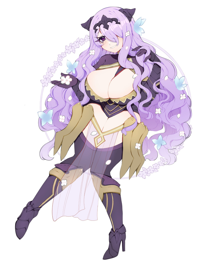 1girls absurdres armor bare_thighs black_armor breasts camilla_(fire_emblem) cleavage commission female female female_only fire_emblem fire_emblem_fates hair_over_one_eye high_heels highres huge_breasts inner_thighs long_hair pelvic_curtain plushcharm purple_eyes purple_hair see-through solo thick_thighs thighs tiara very_long_hair wavy_hair