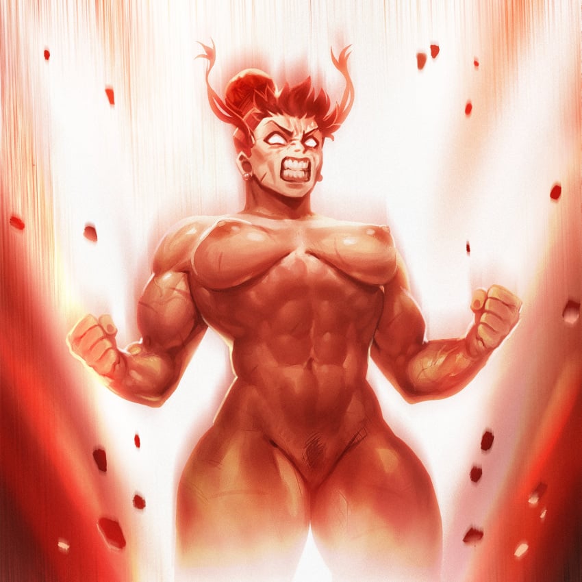 1girls abs angry angry_expression angry_face athletic_female chichi dragon_ball female female_only female_pubic_hair fit_female kaioken muscles muscular_arms muscular_female muscular_legs muscular_thighs no_pupils nude nude_female proofspice pubic_hair rage scar scarred skin white_eyes