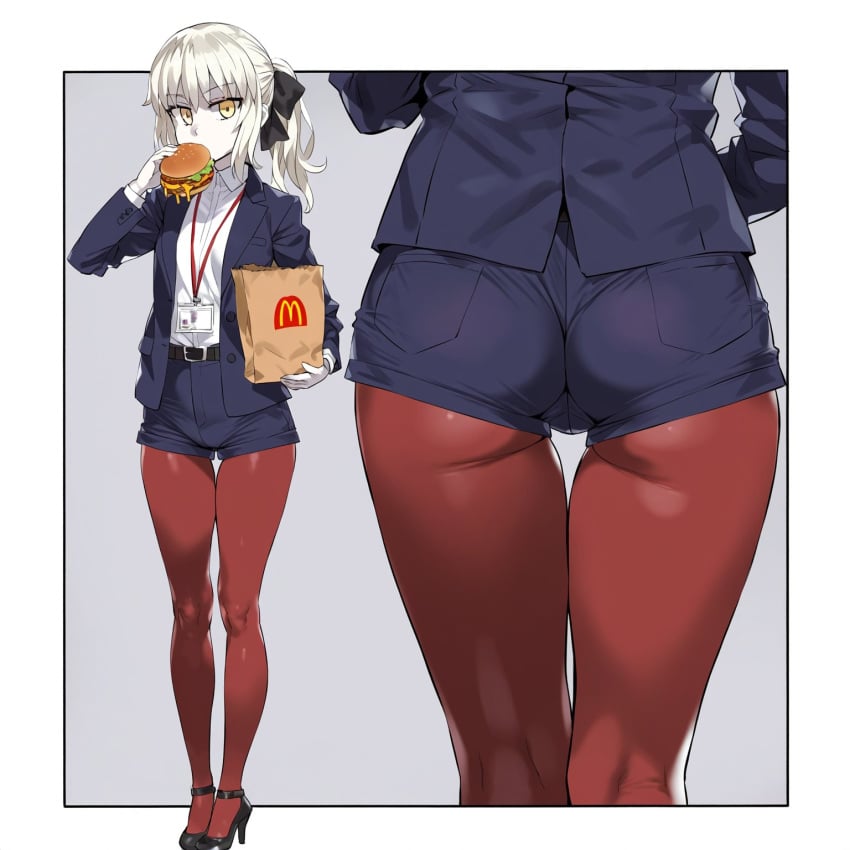 1girls ai_generated artoria_pendragon_(alter) ass eating fate_(series) female food full_body hamburger high_heels looking_at_viewer mcdonald's naughty_face office_lady shorts solo tight_clothing yamatoai