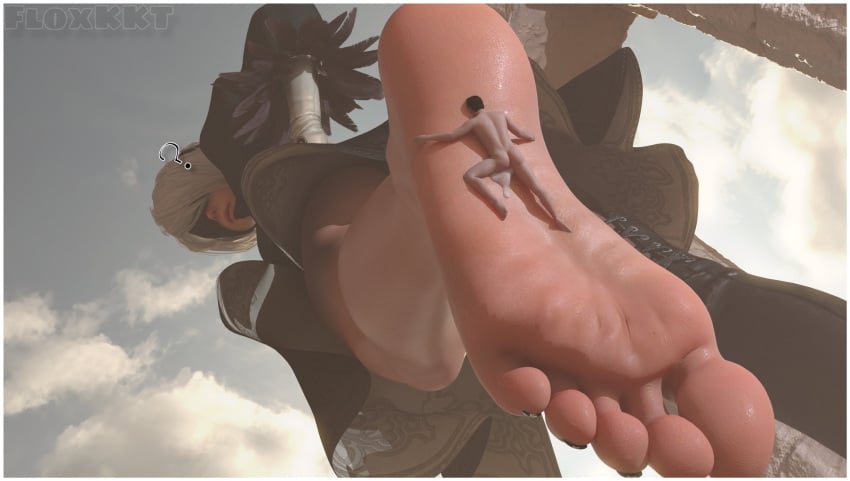 1boy 1girls 3d ? ass blindfold cum feet female floxkkt foot_fetish foot_focus giantess light-skinned_female light-skinned_male light_skin low-angle_view macro male micro nier nier:_automata nude nude_male short_hair size_difference skirt upskirt white_hair yorha_2b