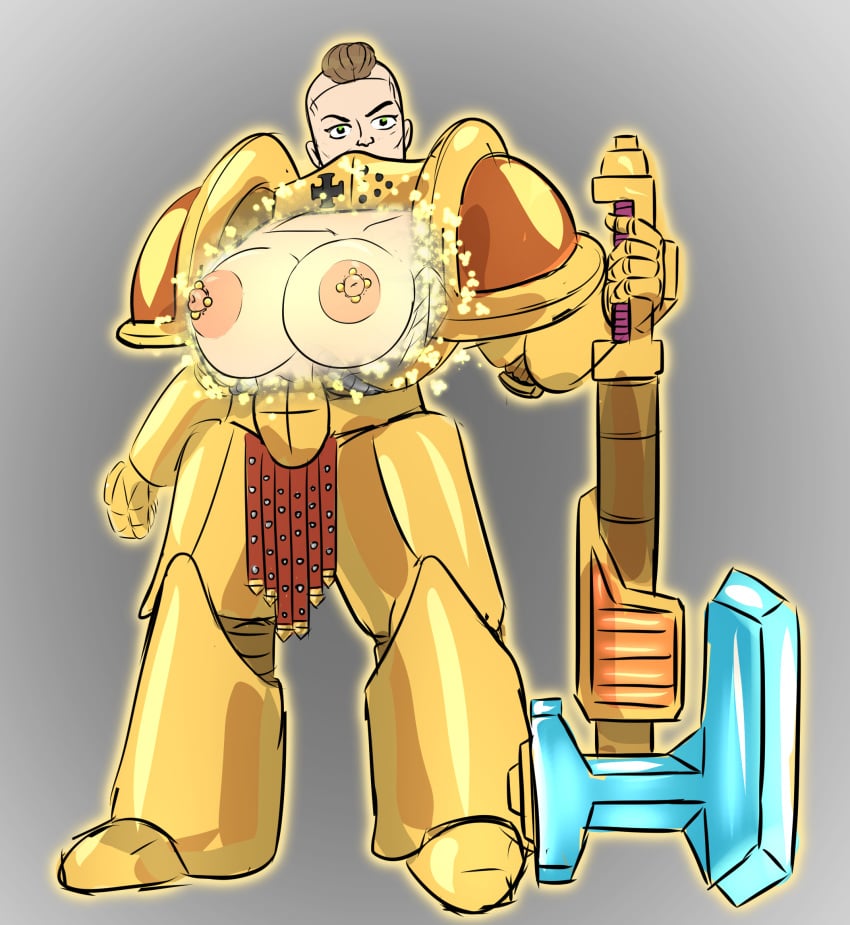 1girls adeptus_custodes areolae armor axe breasts breasts_bigger_than_head breasts_out color diklonius female female_space_marine golden_armor green_eyes huge_breasts looking_at_viewer nipples pierced_nipples piercing sketch warhammer_(franchise) warhammer_40k weapon