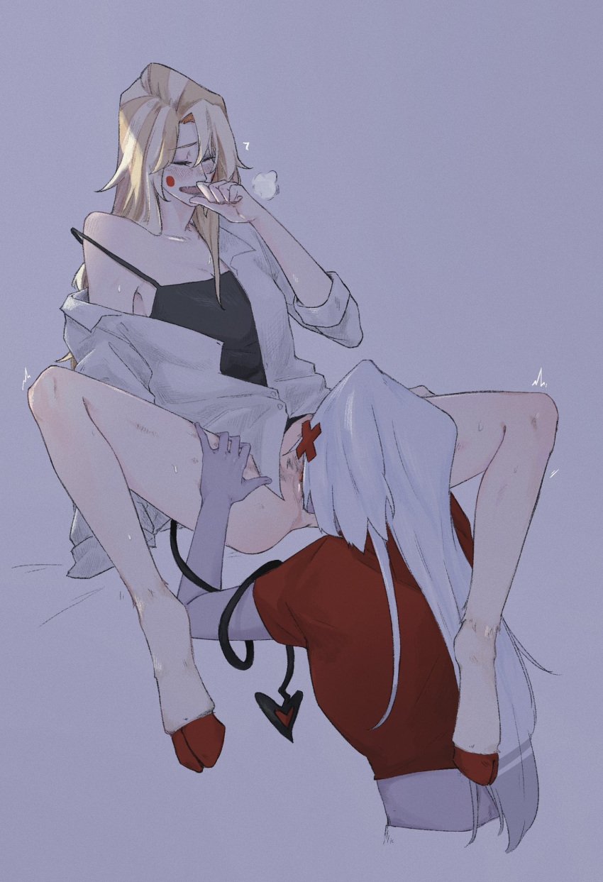 2girls bare_legs black_camisole blonde_hair blush bottomless breath camisole charlie_morningstar_(hazbin_hotel) circle_facial_mark closed_eyes cunnilingus demon_tail female female_pubic_hair grey_background hair_ornament hand_on_another's_thigh hazbin_hotel hi_res highres hooves long_hair marking_on_cheek multicolored_hair multiple_girls open_mouth oral pubic_hair pussy red_shirt scheraschera267 shirt short_sleeves simple_background spread_legs streaked_hair sweat tail twitching vaggie_(hazbin_hotel) vivienne_medrano white_hair white_shirt wholesome x_hair_ornament yuri