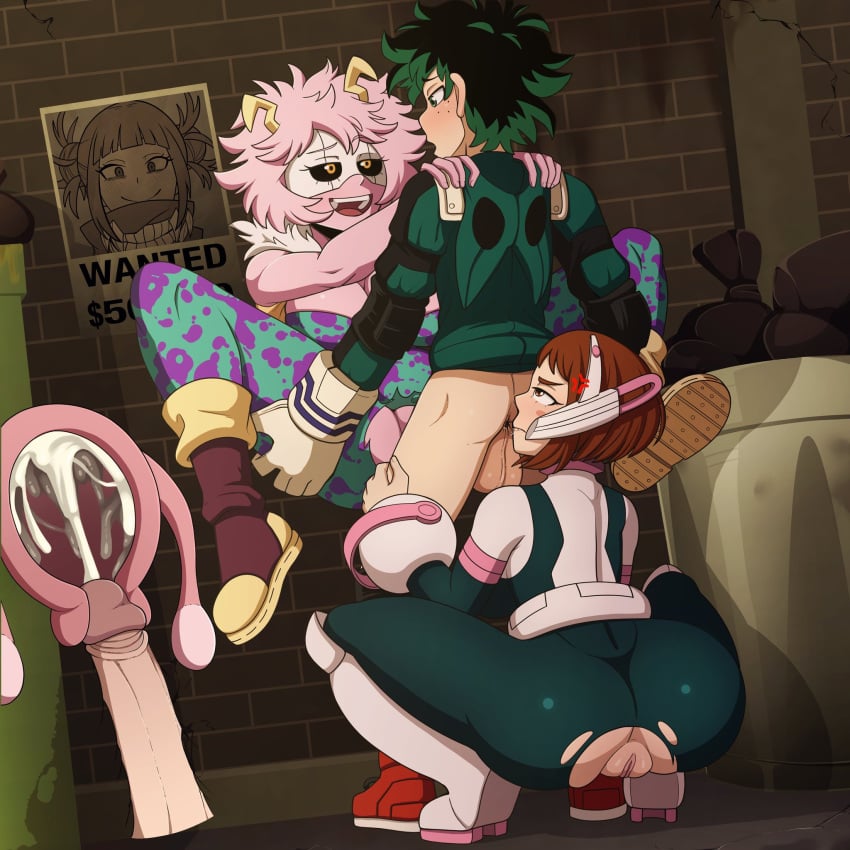 1boy 2girls analingus annoyed_expression anus balls boots brown_hair clothed_sex clothing cum_in_pussy cum_in_uterus ejaculation_while_penetrated female ffm_threesome footwear genitals green_hair group hair hero_outfit_(mha) hi_res himiko_toga horn horned_humanoid human humanoid izuku_midoriya jealous jealous_female male male/female mammal mina_ashido multiple_girls my_hero_academia ochako_uraraka penis pink_body pink_skin pussy rimming spiralart superhero_costume trio wanted_poster