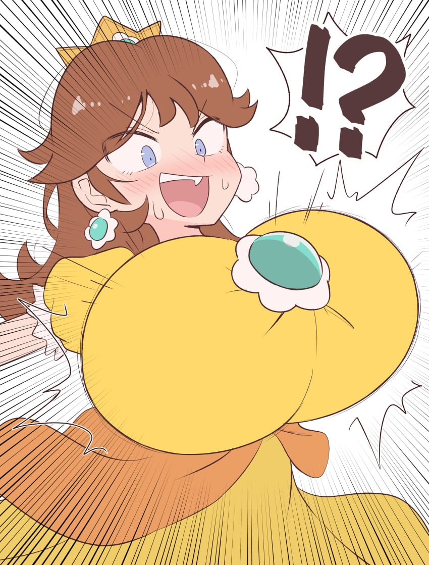 !? 2023 big_breasts blue_eyes breast_expansion brown_hair huge_breasts kurachi_mizuki mario_(series) nintendo princess_daisy tagme