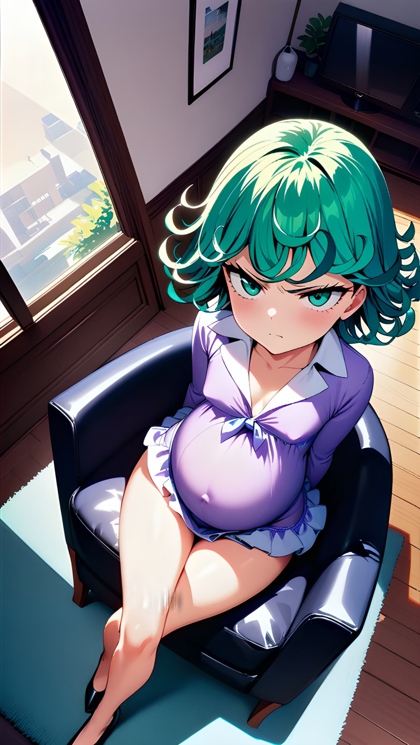 1girls ai_generated angry angry_expression angry_face annoyed annoyed_expression crossed_legs female green_eyes green_hair living_room one-punch_man pregnant pregnant_female purple_dress sitting sitting_on_chair sitting_on_couch slender_legs slender_waist tatsumaki violet_dress