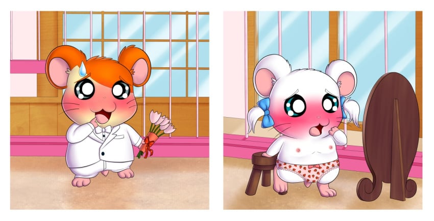 anthro background bijou clothed clothing cmnf embarrassed enf exposed female food fruit furry furry_only hamster hamtaro hamtaro_(series) humiliated humiliation male mammal onzeno panties pink_panties rodent silly strawberry topless underwear