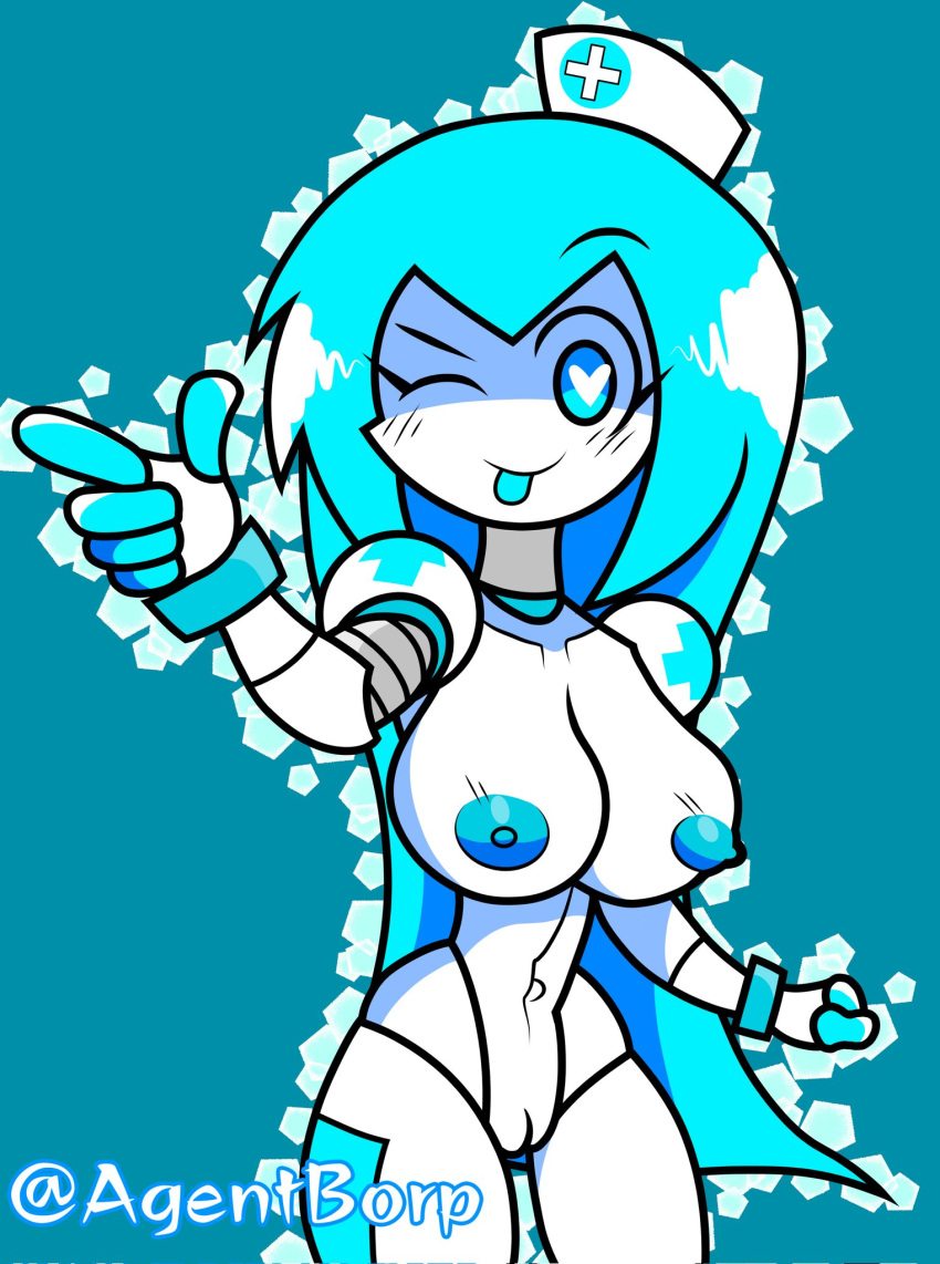 1girls agentborp alice_(mr.ctm) big_breasts blue_eyes blue_hair blue_nipples breasts fanart female heart heart-shaped_pupils naked naked_female nipples nude nude_female nurse nurse_cap oc original_character pussy robot robot_girl robot_humanoid robotic_arm smile smiling solo solo_female tongue tongue_out