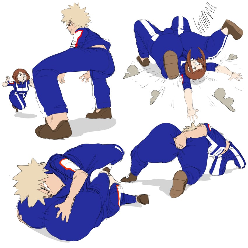 ass big_ass boku_no_hero_academia dustedburger female katsuki_bakugou large_ass male my_hero_academia ochako_uraraka sparring wrestling