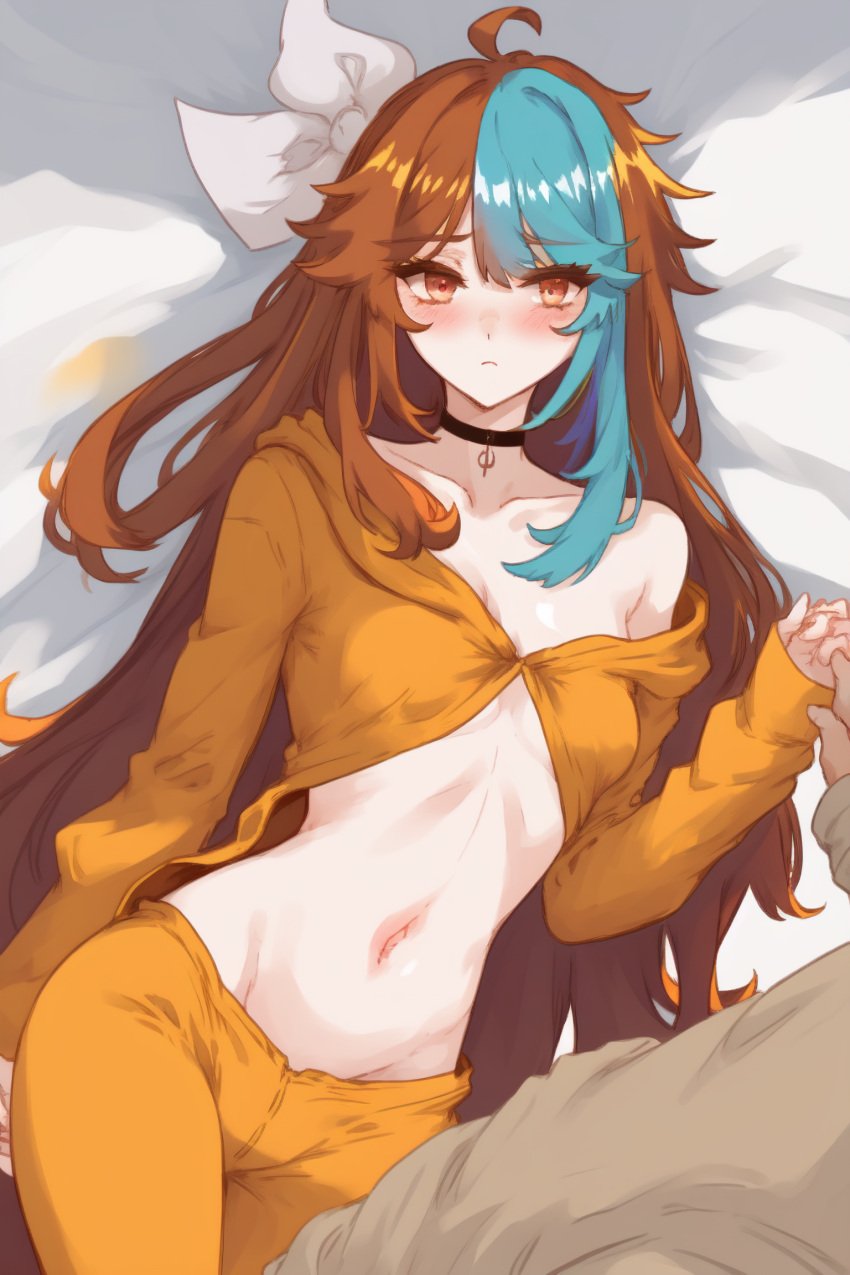 ai_generated huge_breasts keiramevt latam_virtual_youtuber long_hair multicolored_hair nude on_bed oneeshi ricochetk sky_blue_hair virtual_youtuber vtuber vtuberfanart wide_hips yellow_eyes