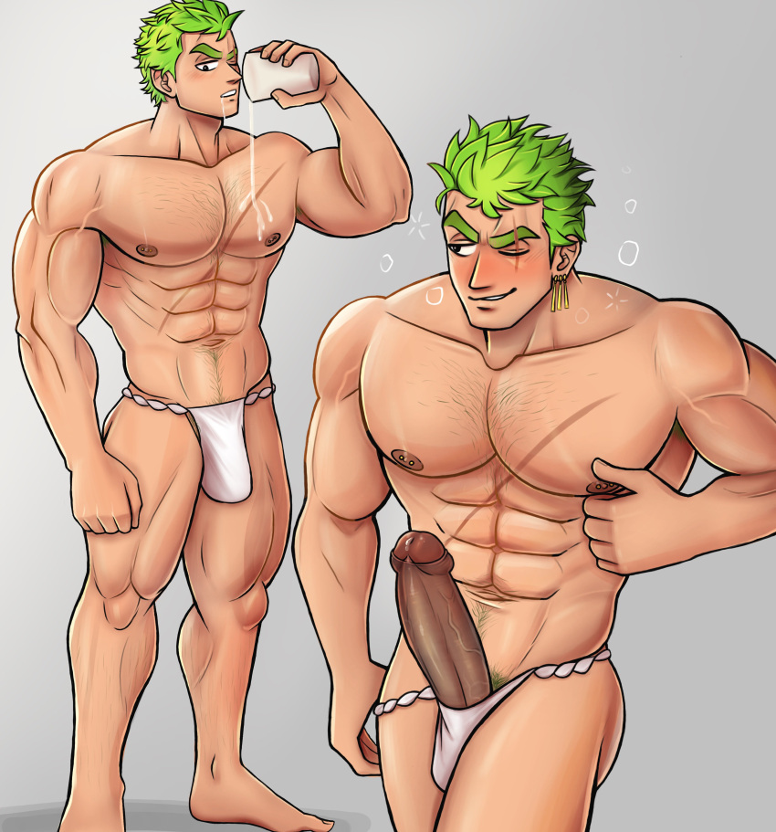 1boy 2023 bara barazoku big_penis blush bulge erection fundoshi green_hair hi_res highres male male_nipples male_only male_pubic_hair muscular_male nipples one_piece penis penis_outline precum precum_drip roronoa_zoro scar underwear zephdotpng