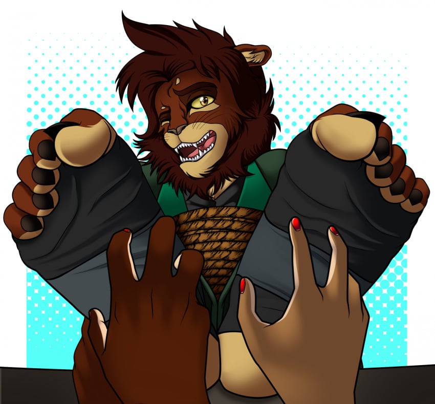 1boy 2girls 2girls1boy 5_toes african anthro brown_fur claws clothed clothing cyborg-steve dark-skinned_female dark_skin ebony fangs feet feet_tickling feet_touching furry green_clothing kai_(kertashion) kertashion_(artist) laughing lion lion_ears lion_mane male male_feet male_focus male_foot_fetish male_sub male_tickling nervous_smile socks stirrup_socks stirrups stuck submissive_male tickle tickling tickling_feet tied tied_arms two_tone_fur yellow_eyes yellow_fur yellow_sclera