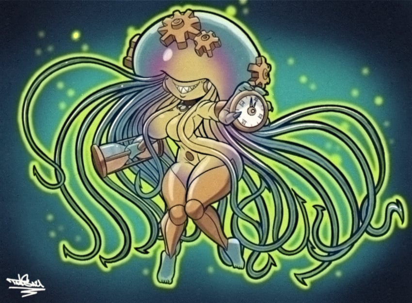 2023 2024 anthro artist_name artist_signature ass ass background big_ass big_breasts big_butt bioluminescence breasts clock cnidarian cnidarian_humanoid collar covered_eyes curvy_figure digital_drawing_(artwork) digital_media_(artwork) female female_only gear glowing hi_res hourglass_(object) hourglass_figure huge_ass huge_butt huge_hips jellyfish leg_armor marine medusozoan medusozoan_humanoid mostly_nude multicolored_body nails navel non-mammal_breasts non-mammal_navel sharp_claws sharp_nails sharp_teeth signature smile smiling_at_viewer solo tansau teeth tentacle wasp_waist wide_hips