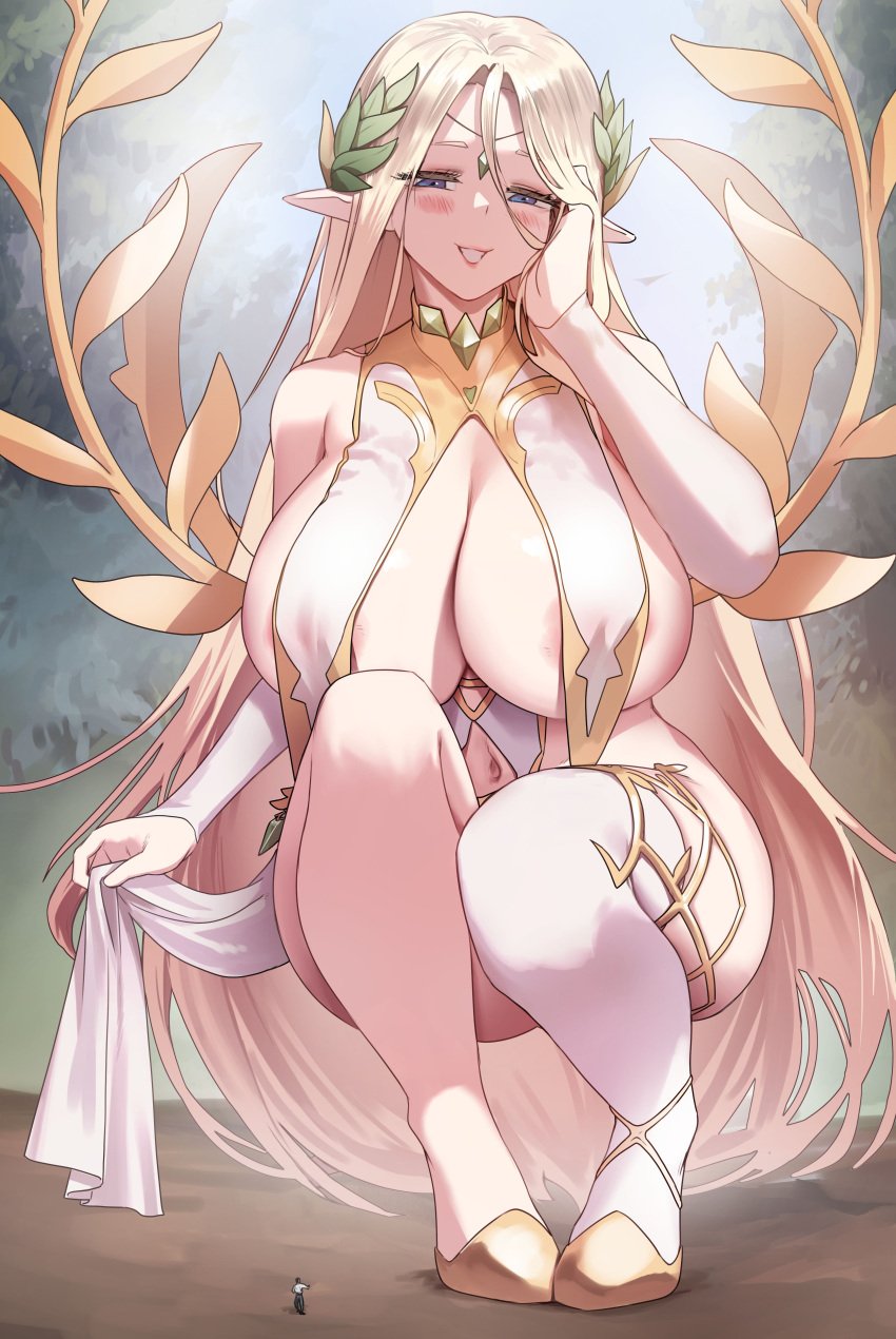 absurd_res blonde_hair blue_eyes breast_curtains breasts_bigger_than_head celestia_(last_origin) cerestia_of_life elf_ears giantess goddess high_heels highres huge_breasts kkasi00 kneeling large_breasts larger_female last_origin leaf_hair_ornament size_difference skimpy_clothes skimpy_dress smaller_male smug squatting white_skin