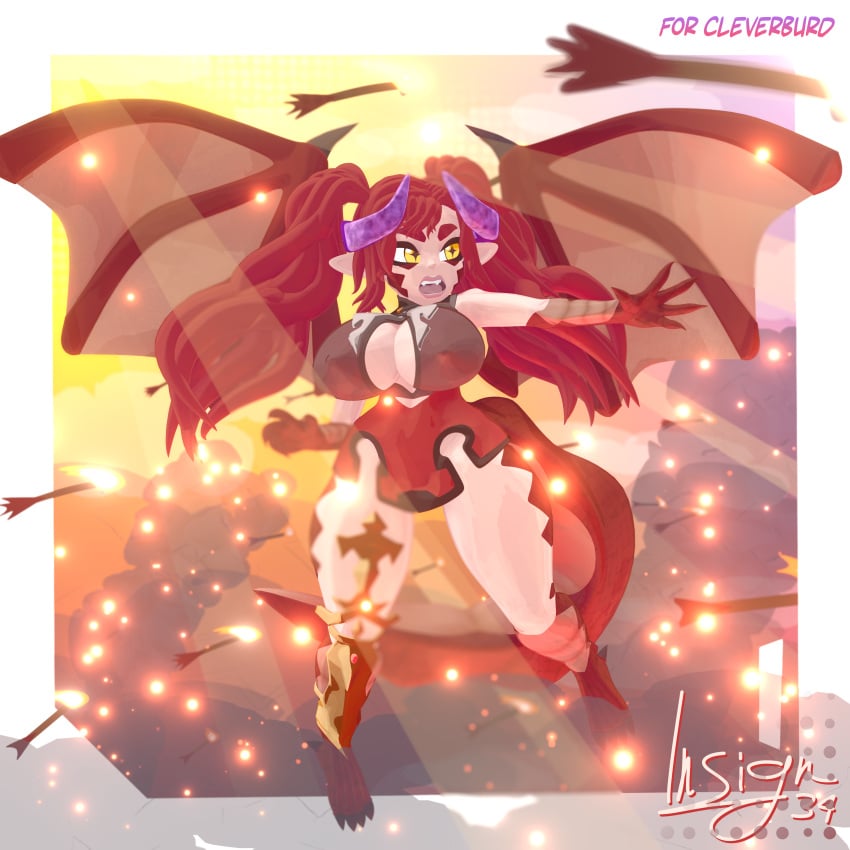 1girls 2d 2d_(artwork) 3d 3d_(artwork) absurd_res absurdres arrow_(weapon) background big_breasts border clothed commission commission_art detailed_background dragon dragon_girl dragon_horns dragon_tail dragon_wings female female_focus female_only flying furred_dragon furry furry_female furry_only hi_res high_resolution highres horns insign34 is34 long_hair oc open_clothes original_character red_clothing red_hair sfw smoke solo solo_female solo_focus sunset toony twitter twitter_username wings yellow_eyes