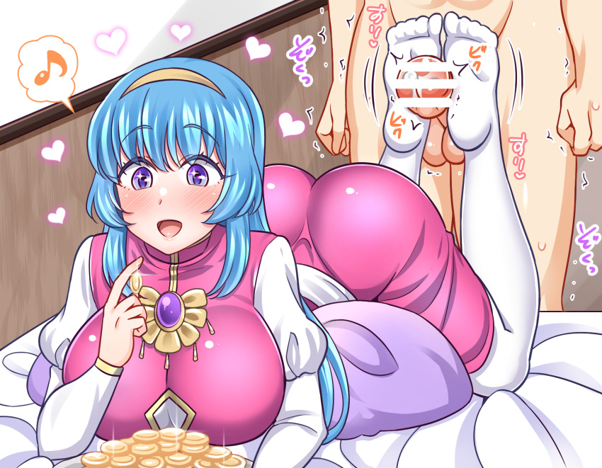 1boy 1girls :d ass bed blue_hair blush breasts censored coins counting counting_money dress feet feet_up female footjob footjob_with_legwear gem gold hairband happy heart indoors jewelry large_ass large_breasts long_hair lufia mabo-udon male money necklace oblivious on_stomach open_mouth pendant penis pillow puffy_sleeves purple_eyes sheets shopkeeper smile soles stockings testicles tia trimmed_dress white_legwear