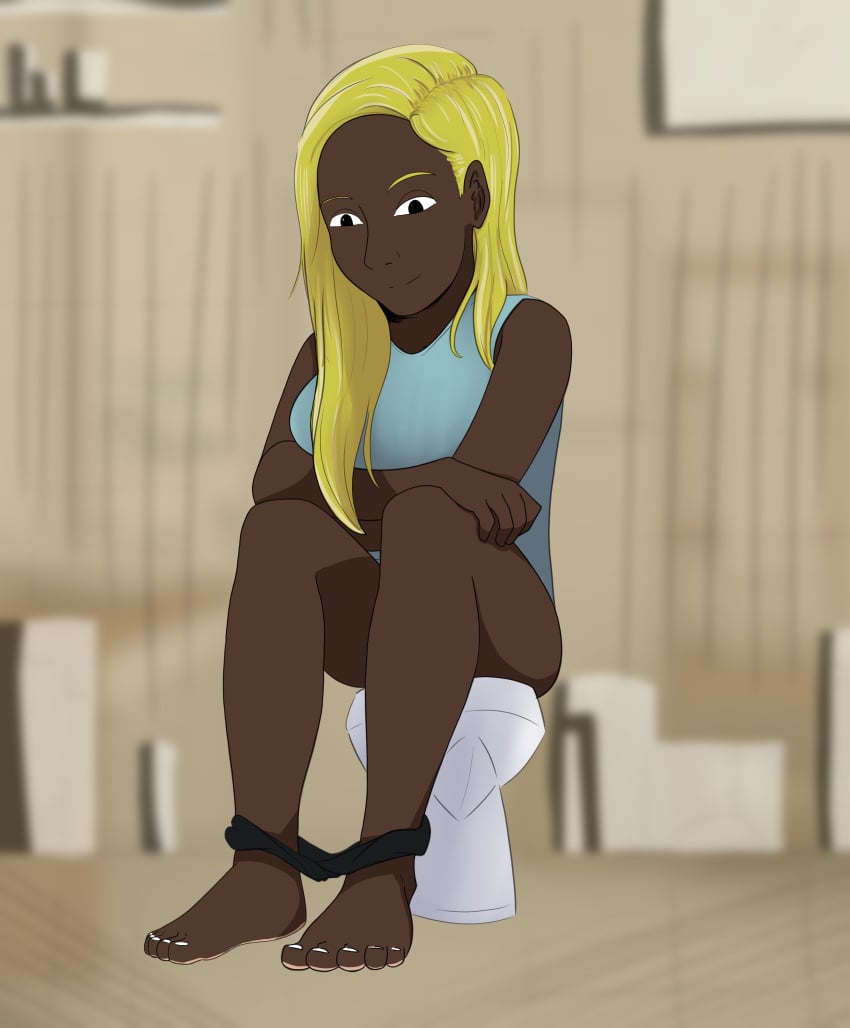 1girls barefoot black_eyes black_panties black_panties_down blonde_hair blue_topwear dark_skin dark_skinned_female female female_only gwen_stefani nail_polish panties panties_down sitting smiling toilet toilet_use white_nail_polish white_nails white_toenail_polish white_toenails