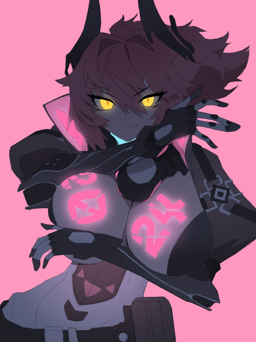 2024 belt big_breasts body_markings breasts buckles female fingerless_gloves gloves glowing_eyes horns pink_background pink_hair shuibaow simple_background straps yellow_eyes