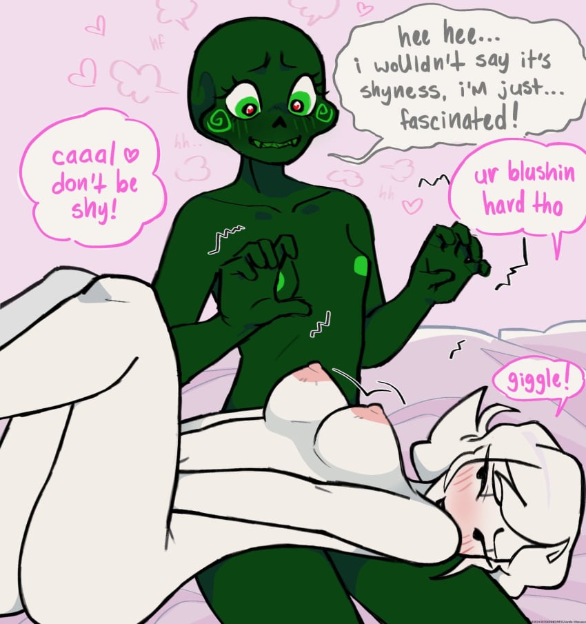 blush calliope calliope_(homestuck) homestuck laying_on_back laying_on_lap naked_female nervous redskinnedmess roxy_lalonde yuri