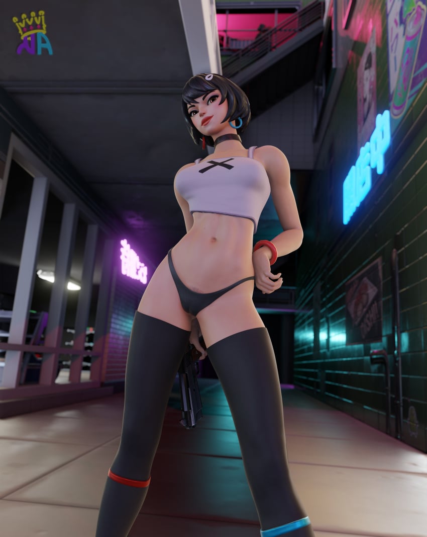 1girls 3d 3d_(artwork) alleyway cameltoe epic_games evie_(fortnite) fortnite kingartyom pistol pubic_hair short_hair