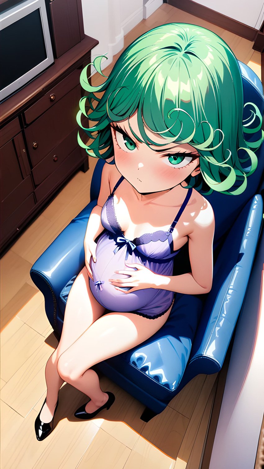 1girls ai_generated angry angry_expression angry_face annoyed annoyed_expression female green_eyes green_hair high_heels living_room one-punch_man pregnant pregnant_female purple_dress sitting sitting_on_chair sitting_on_couch slender_legs slender_waist tatsumaki violet_dress