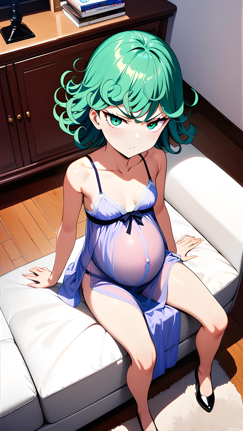 1girls ai_generated angry angry_expression angry_face annoyed annoyed_expression female green_eyes green_hair high_heels living_room one-punch_man pregnant pregnant_female purple_dress sitting sitting_on_bed sitting_on_chair sitting_on_couch slender_legs slender_waist tatsumaki violet_dress