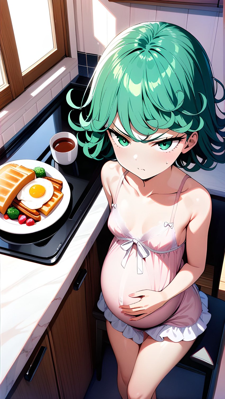 1girls ai_generated angry angry_expression angry_face annoyed annoyed_expression female green_eyes green_hair living_room one-punch_man pregnant pregnant_female purple_dress sitting sitting_on_chair sitting_on_couch slender_legs slender_waist tatsumaki violet_dress