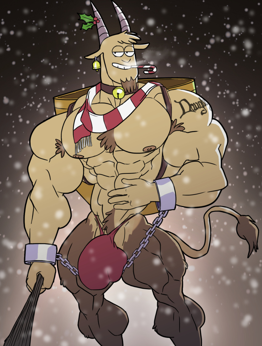 abs armpit_hair beard bell biceps big_arms big_pecs big_penis body_hair bulge candy candy_cane caprine cartoon_network chains christmas club_(weapon) collar cuffs ear_piercing facial_hair flaccid food goat handcuffs highres holidays holly_(plant) krampus male_only mammal melee_weapon muscular nipples pecs penis piercing plant regular_show remert sarah-borrows scarf shackles skimpy smile snow snowing solo tattoo thomas_(regular_show) thong weapon wrist_cuff