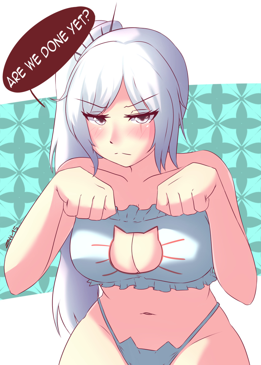 1girls bra breasts cat_cutout cat_keyhole_bra cat_keyhole_lingerie cat_lingerie cleavage_cutout english_text grey_eyes large_breasts lingerie looking_at_viewer midriff navel panties paw_pose ponytail rwby scar scar_across_eye side_ponytail text text_bubble weiss_schnee white_bra white_hair white_lingerie white_panties z666ful