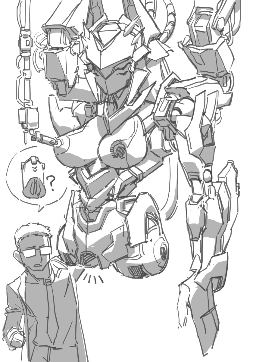 ? black_and_white install_port joints male mecha onahole robot robot_breasts robot_ears robot_girl robot_joints scientist shuibaow simple_background sketch