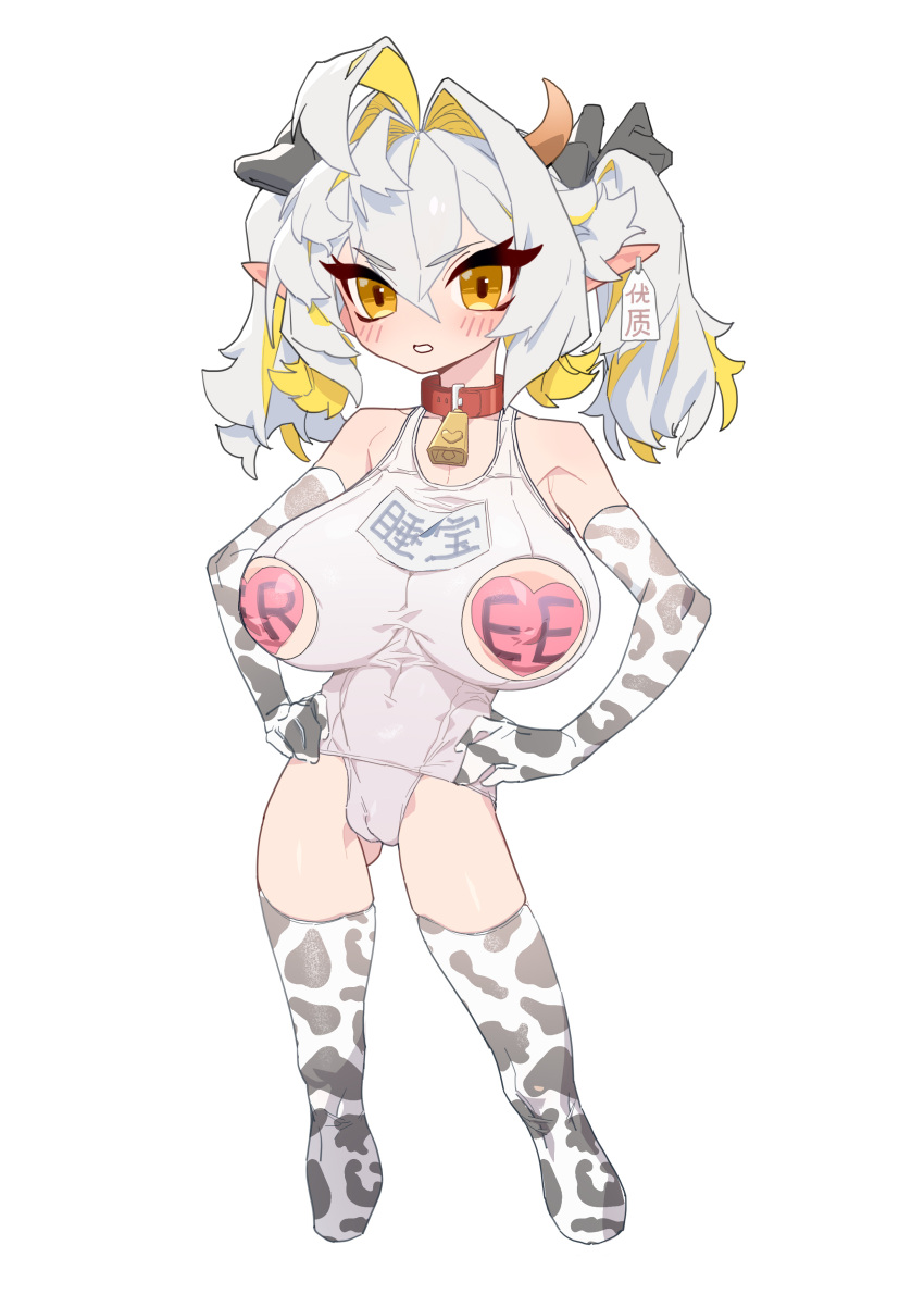 armgloves big_breasts blush blush cameltoe chibi chinese_text collar cow_print_armwear cow_tag cowbell cowgirl_outfit hands_on_hips heart_pasties looking_at_viewer pasties pointy_ears short_hair shortstack shuibaow stockings swimsuit twintails white_hair yellow_highlights