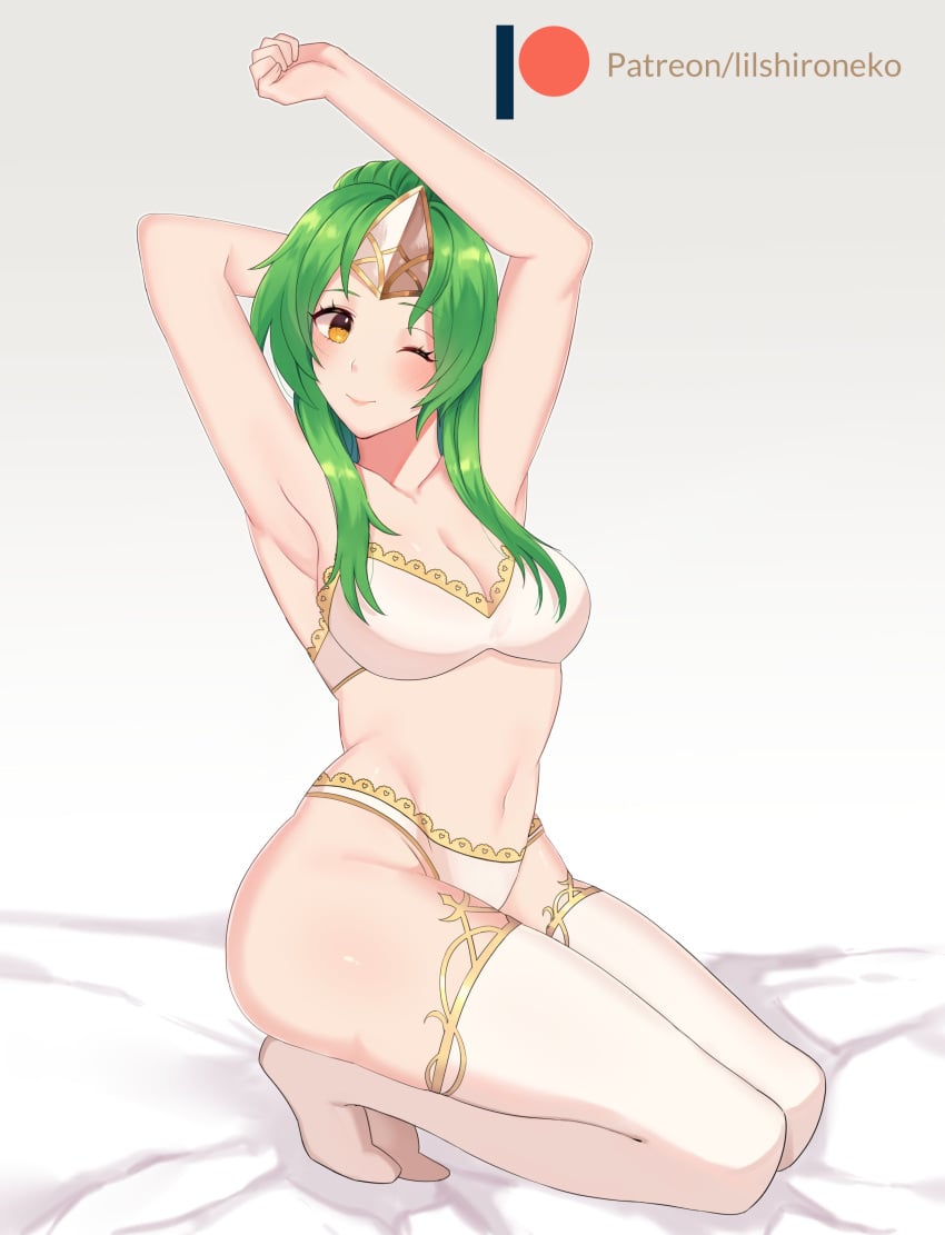 1girls arms_up bra breasts brown_eyes cleavage elincia_ridell_crimea female female_only fire_emblem fire_emblem:_path_of_radiance fire_emblem:_radiant_dawn green_hair lilshironeko medium_breasts nintendo on_bed one_eye_closed panties solo thighs underwear white_panties