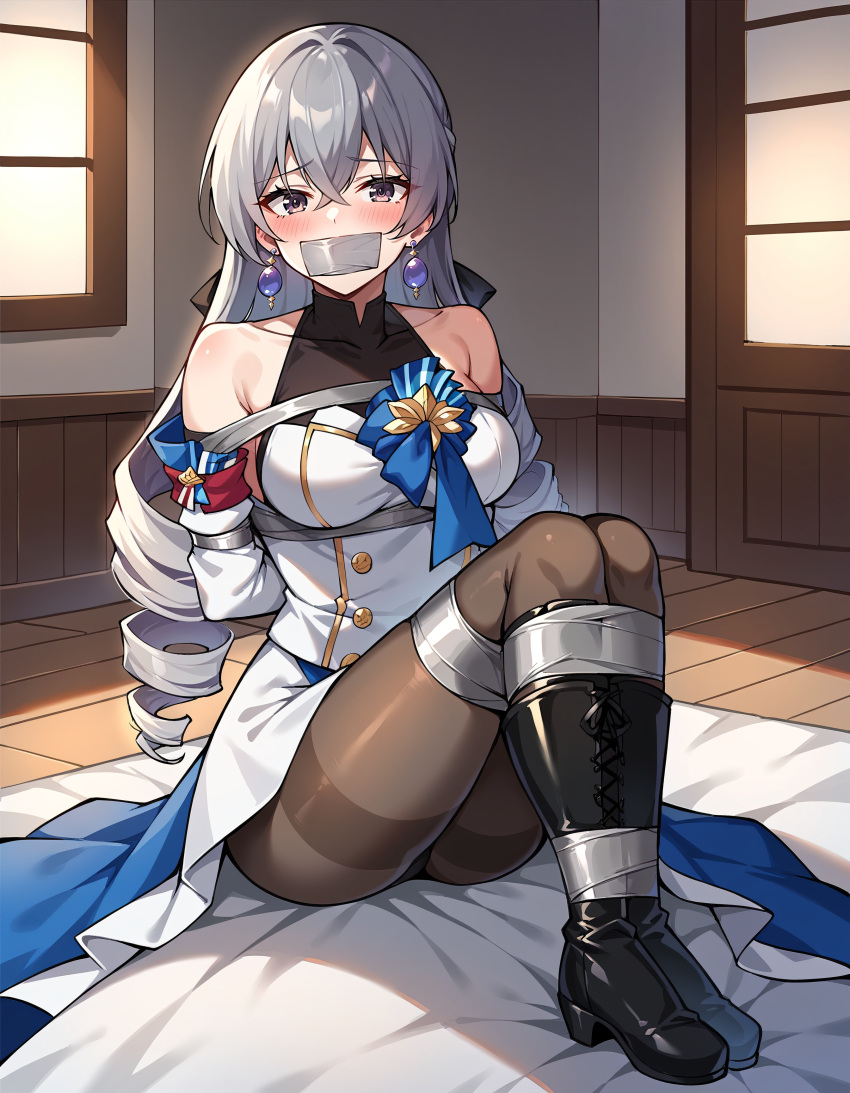 1girls ai_generated armor arms_behind_back blush bondage bronya_rand drill_hair female gagged grey_eyes honkai:_star_rail long_hair luffyk1d tape tape_bondage tape_gag taped_arms taped_hands taped_legs taped_mouth white_hair