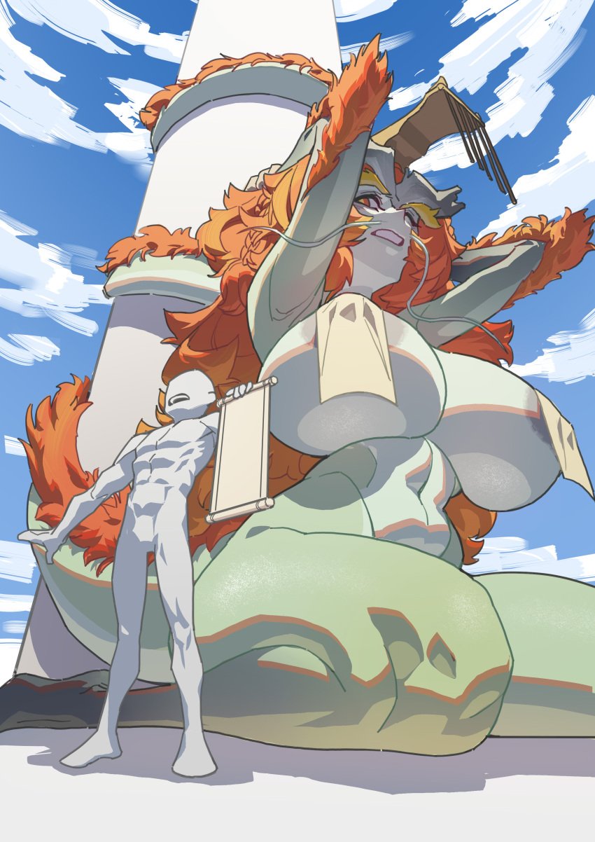 anthro background_sky chinese_dragon dragon dragon_girl dragon_tail giant_breasts giant_female giantess hands_behind_head monster monster_girl orange_hair pasties restrained scroll shuibaow simple_face sitting whiskers