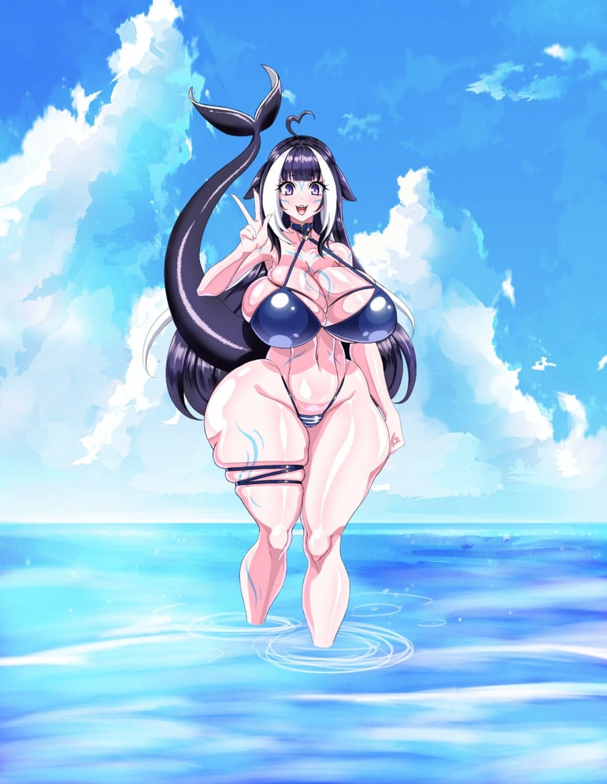 beach bikini de_kurayami feet_in_water female female_only large_breasts light-skinned_female long_hair ocean orca orca_girl orca_tail shylily solo tail tattoo thick thick_thighs virtual_youtuber vtuber water