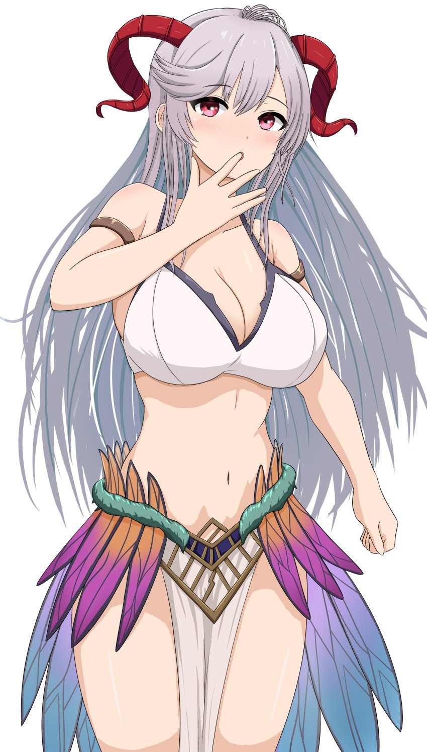 1girls alternate_costume bikini breasts cleavage female female_only fire_emblem fire_emblem_heroes freyja_(fire_emblem) freyja_(summer)_(fire_emblem) grey_hair hamukuma horns large_breasts looking_at_viewer nintendo official_alternate_costume patty_ojisan red_eyes solo swimsuit white_bikini white_swimsuit