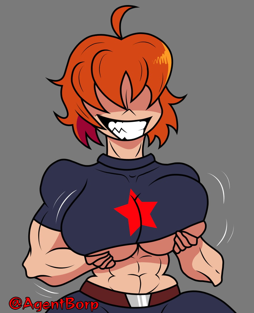 abdomen abs agentborp big_breasts blinding_bangs bouncing_breasts breast_grab breasts breasts_bounce clothed comrade_gal fanart female female_focus female_only hair_over_eyes karlik044 muscular muscular_female oc original_character playing_with_breasts red_hair russian russian_girl sharp_teeth smile smiling solo solo_female soviet strong_woman teeth tomboy