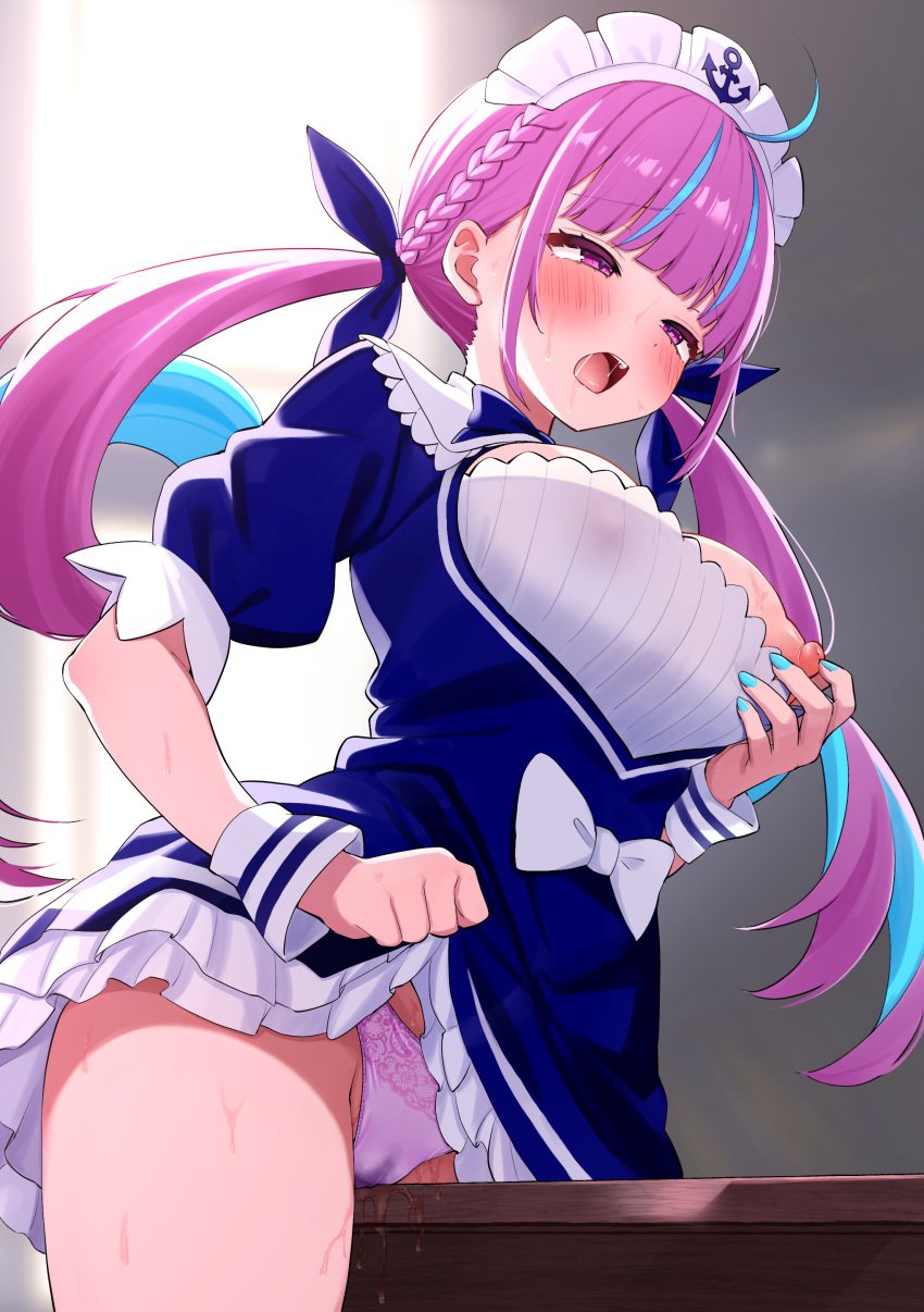 absurdres ahoge anchor_symbol blue_hair blush braid breasts clothed_masturbation clothes_lift colored_inner_hair crotch_rub dress female female_masturbation female_only grabbing grabbing_own_breast hair_ribbon highres hololive kokemomo_(makesound) large_breasts lifted_by_self long_hair looking_at_viewer maid_headdress masturbation masturbation_through_clothes minato_aqua minato_aqua_(1st_costume) multicolored_hair nipple_stimulation nipple_tweak nipples open_mouth panties pink_panties purple_eyes purple_hair pussy_juice ribbon short_sleeves solo table table_humping two-tone_hair underwear virtual_youtuber