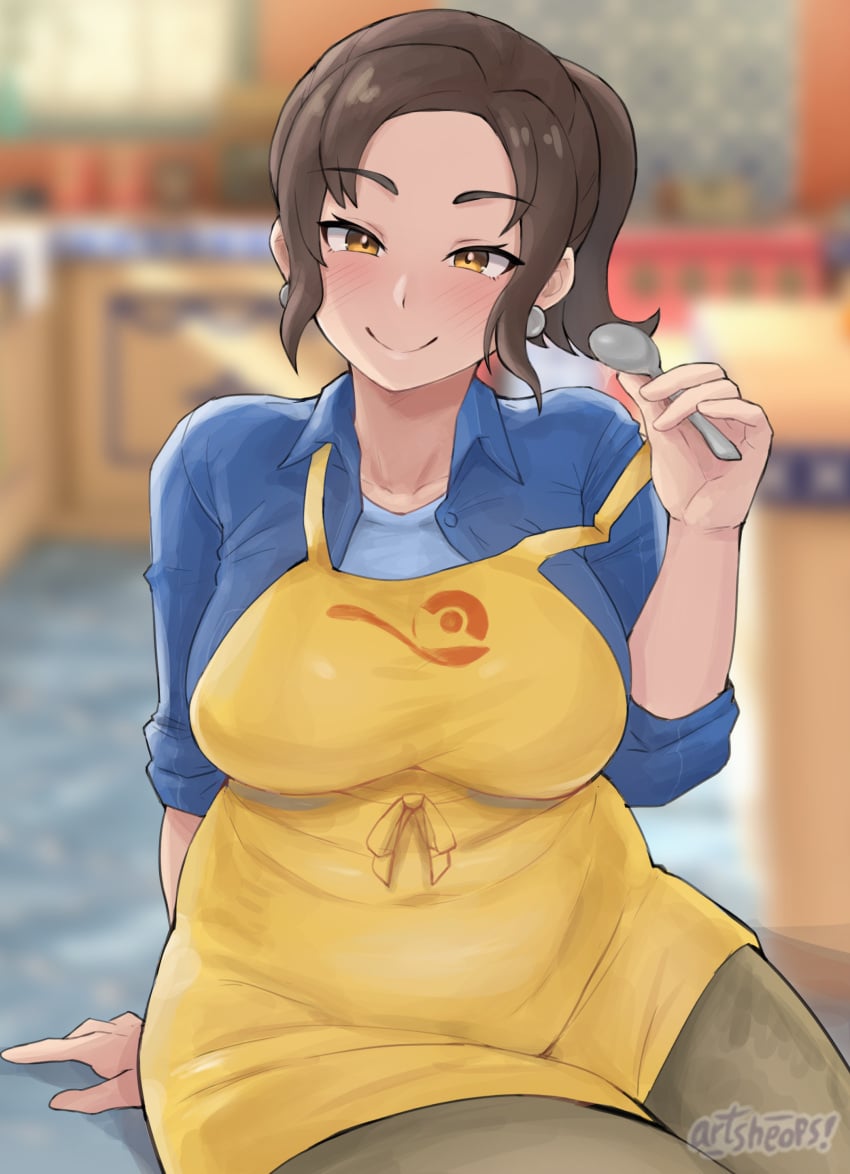 1girls apron artsheops breasts brown_hair female hi_res huge_breasts indoors large_breasts light-skinned_female light_skin mature_female milf mother mother_(pokemon_sv) naughty_face nintendo pokemon pokemon_sv ponytail smile thick_thighs voluptuous