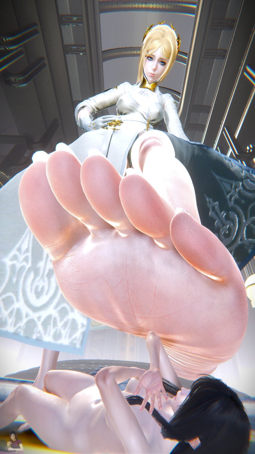 1girls 2girls 3d breasts feet female female_only foot_fetish foot_focus giantess light-skinned_female light_skin low-angle_view macro mei_lee_art micro nier nier:_automata nude nude_female size_difference stepped_on yorha_commander