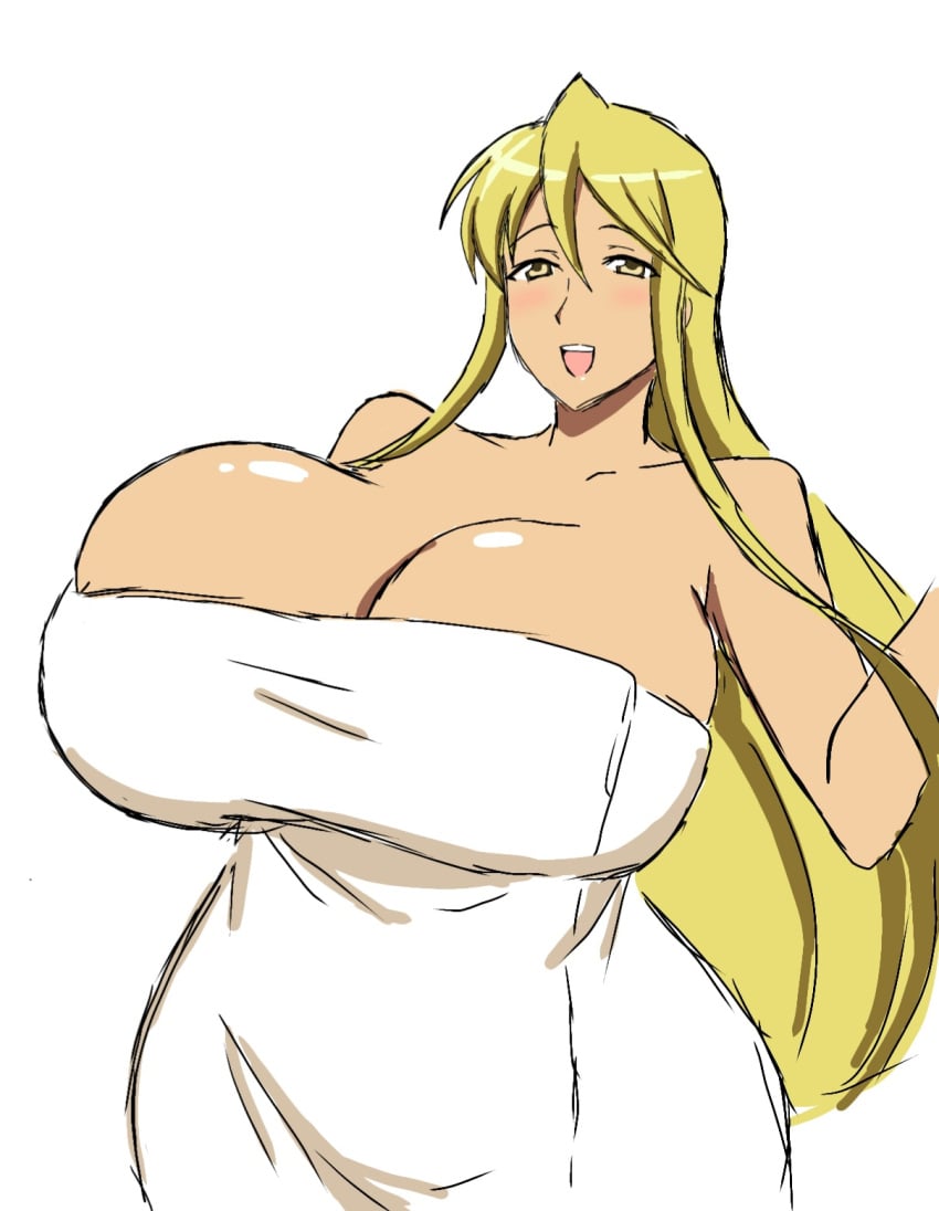 blonde_hair breasts cleavage female highres highschool_of_the_dead huge_breasts looking_at_viewer marikawa_shizuka momiji_(artist) momijizx naked_towel shizuka_marikawa standing towel white_background yellow_eyes