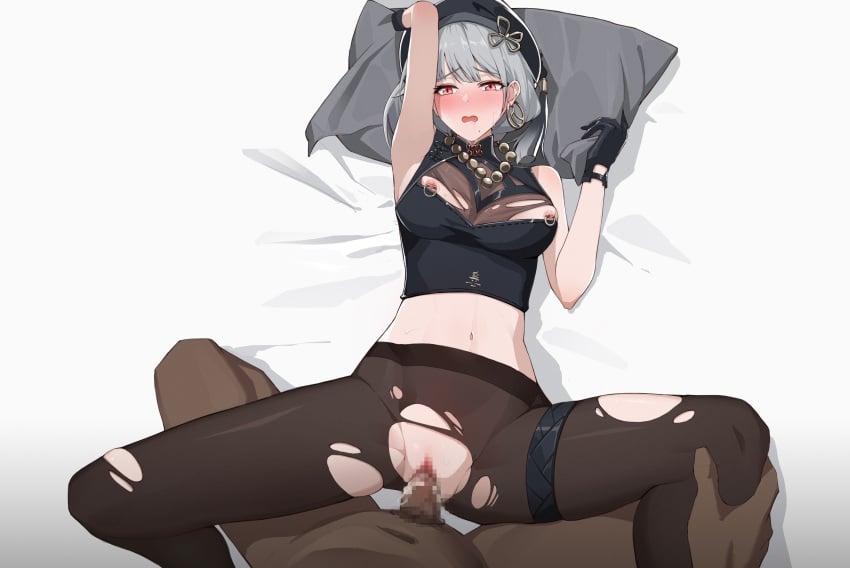 1boy 1girls baijinjifeng bed big_breasts black_gloves black_shirt blush breasts brown_pantyhose censored clothed_female_nude_male cum dark-skinned_male dark_skin earrings female first_porn_of_character gloves grey_hair hat jewelry light-skinned_female light_skin lying midriff mosaic_censoring navel necklace nipple_piercing nipple_rings nipples on_back on_bed open_mouth pantyhose penetration penis pillow pillow_grab pussy red_eyes sanhua_(wuthering_waves) sex short_hair sleeveless_shirt spread_legs straight thigh_strap torn_clothes torn_pantyhose vaginal_penetration white_background wuthering_waves