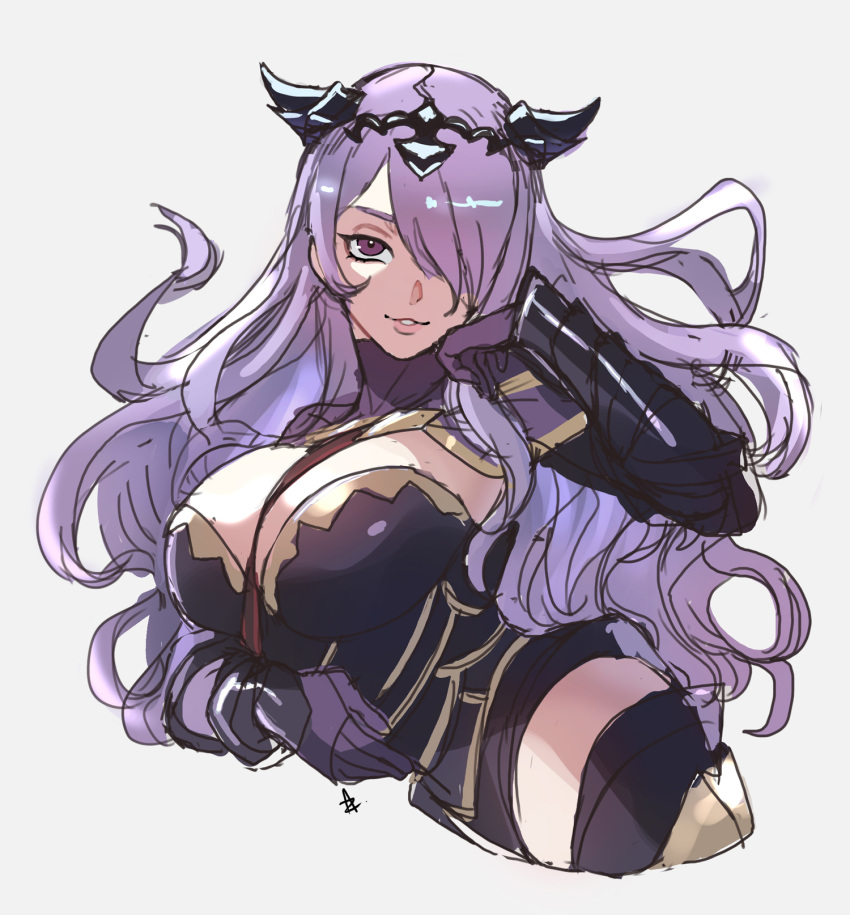 1girls armor black_armor breasts camilla_(fire_emblem) cleavage female female female_only fire_emblem fire_emblem_fates gold_trim hair_over_one_eye highres large_breasts looking_at_viewer nintendo purple_eyes purple_hair solo tiara wavy_hair zedoraart