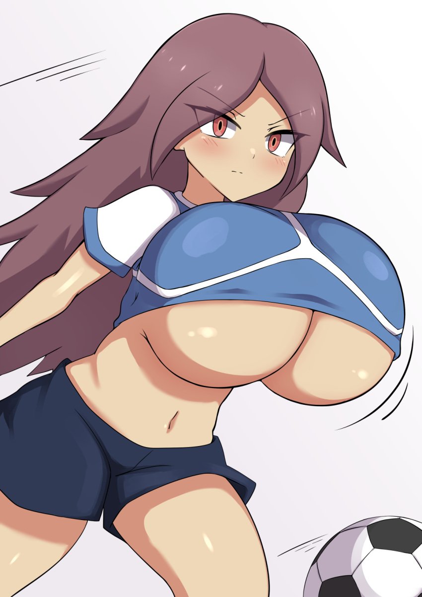 1girls ai_touchi big_breasts blush female ic_(inazuma_eleven) icer_(inazuma_eleven) inazuma_eleven jaga334 long_hair lucy_hailstone orange_eyes partially_clothed purple_hair red_eyes shirt_up soccer_ball soccer_uniform solo solo_female two_tone_eyes uniform