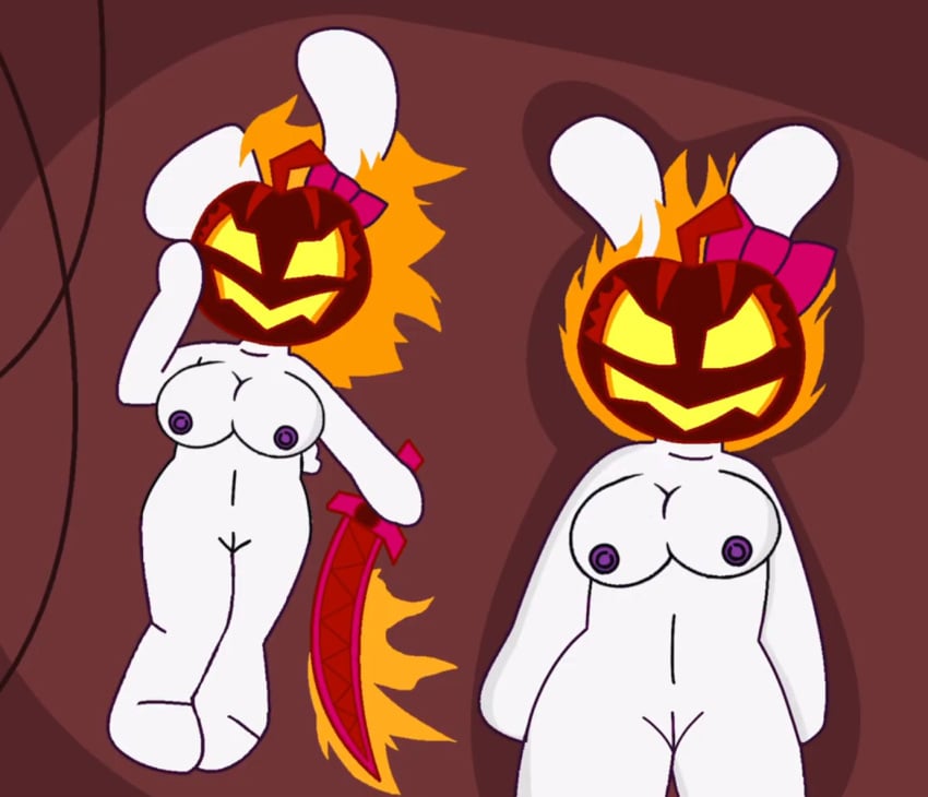 aged_up breasts bunny bunny_girl devsprings female fire full_body hat jack-o&#039;-lantern merch_review_springs mrsprings nude pumpkin pumpkin_head rabbit slinky_(mrsprings) sword twitter_user_oc weapon