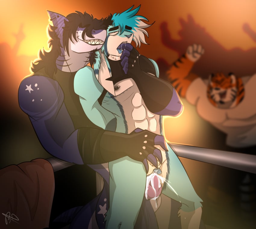 1cuntboy 1male anthro anthro_shark aqua_fur aqua_hair background cheering chest_scars clitoris crowd_watching cum cum_in_pussy cum_inside cuntboy cuntboy/male dark_skin digital_art digital_media drooling dubcon enlarged_clitoris fighting_ring fingers_in_mouth fur furry furry_shark grin hare height_difference intersex long_ears muscles original_character original_characters pierced_ears pierced_nipples public public_humiliation public_sex purple_penis pussy pussy_juice saliva sharp_claws sharp_teeth size_difference slit squirting surgical_scars vaginal_penetration vaginal_sex