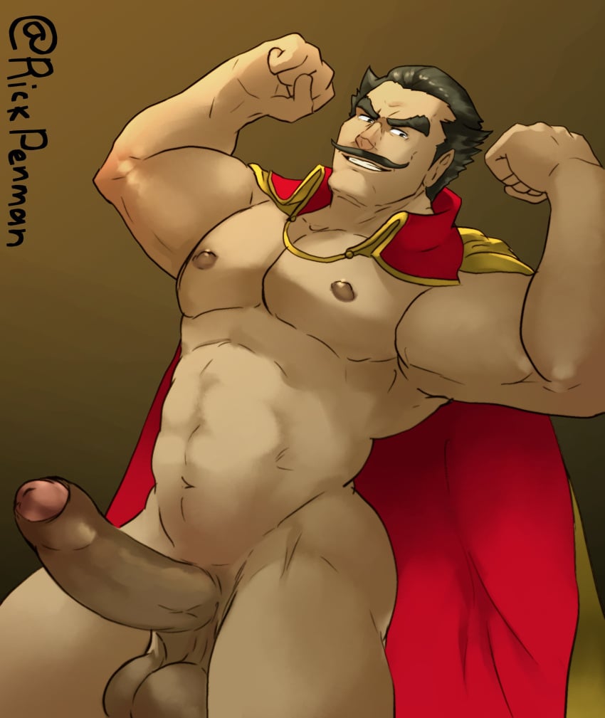 1boy alternate_body_hair bara cape cowboy_shot dio_(final_fantasy) double_biceps_pose erection final_fantasy final_fantasy_vii final_fantasy_vii_rebirth final_fantasy_vii_remake flexing foreskin girthy_penis highres large_pectorals long_mustache looking_at_viewer male_focus male_only mature_male muscular muscular_male naked_cape navel nipples no_shirt pectorals penis red_cape rickpenman seductive_smile short_hair smile solo standing stomach strongman_waist thick_eyebrows thick_thighs thighs tsurime uncensored