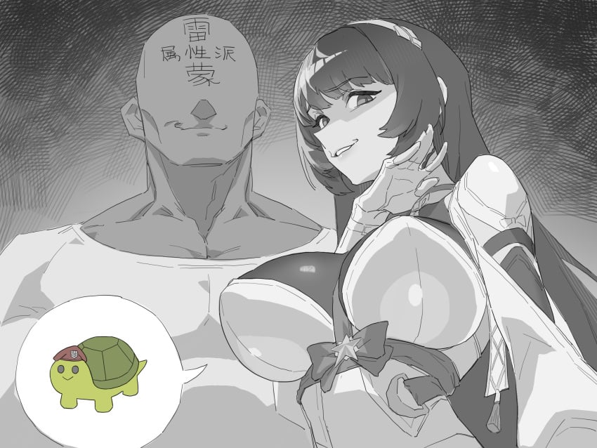 big_breasts black_and_white chinese_text evil_grin faceless_character gossip looking_at_viewer sfw shuibaow smile smiling_at_viewer turtle