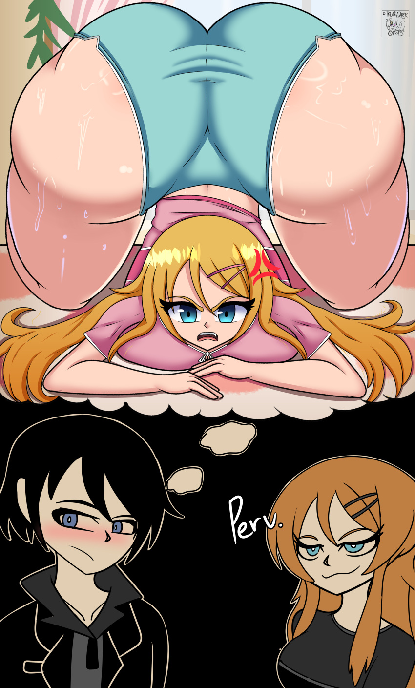 1boy 1girls angry ass bed bedroom big_ass big_butt blonde_hair blue_eyes blush bubble_ass bubble_butt hair_ornament kirino_kosaka kousaka_kyousuke meme ore_no_imouto_ga_konna_ni_kawaii_wake_ga_nai short_shorts shorts text the_coffin_of_andy_and_leyley thinking thought_bubble truedarkorts